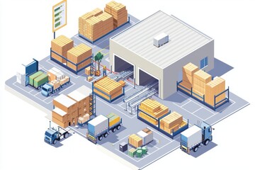 A colorful isometric illustration of a warehouse with storage areas, trucks, and goods being loaded and unloaded.
