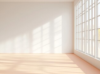 Room with white walls, large windows, and a soft peach floor, lit by sunlight.
