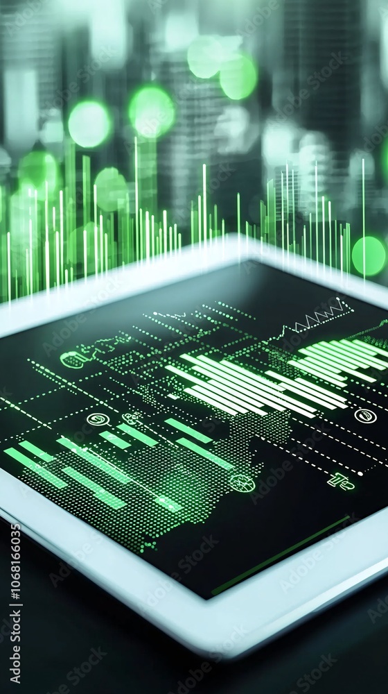 Poster a close-up of a digital dashboard displaying net zero carbon metrics on a tablet, set against a back