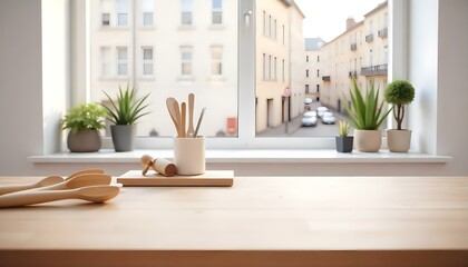 A wooden kitchen counter with various cooking utensils and a view of a city street through a window in the background