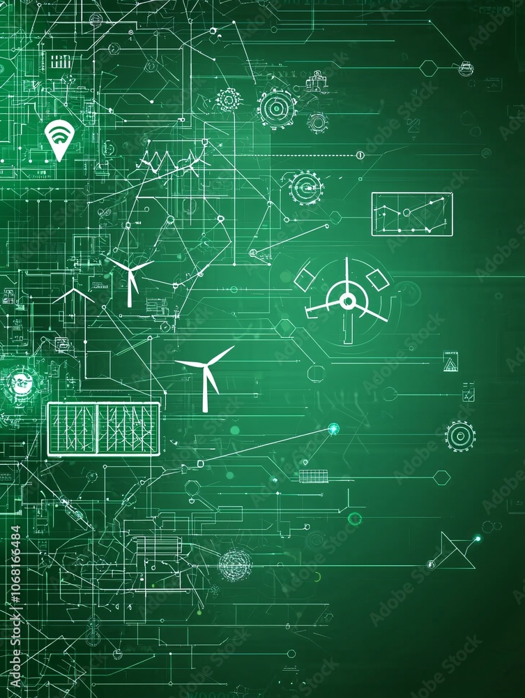 Poster a digital chart displays carbon reduction goals, with symbols for renewable energy sources like wind