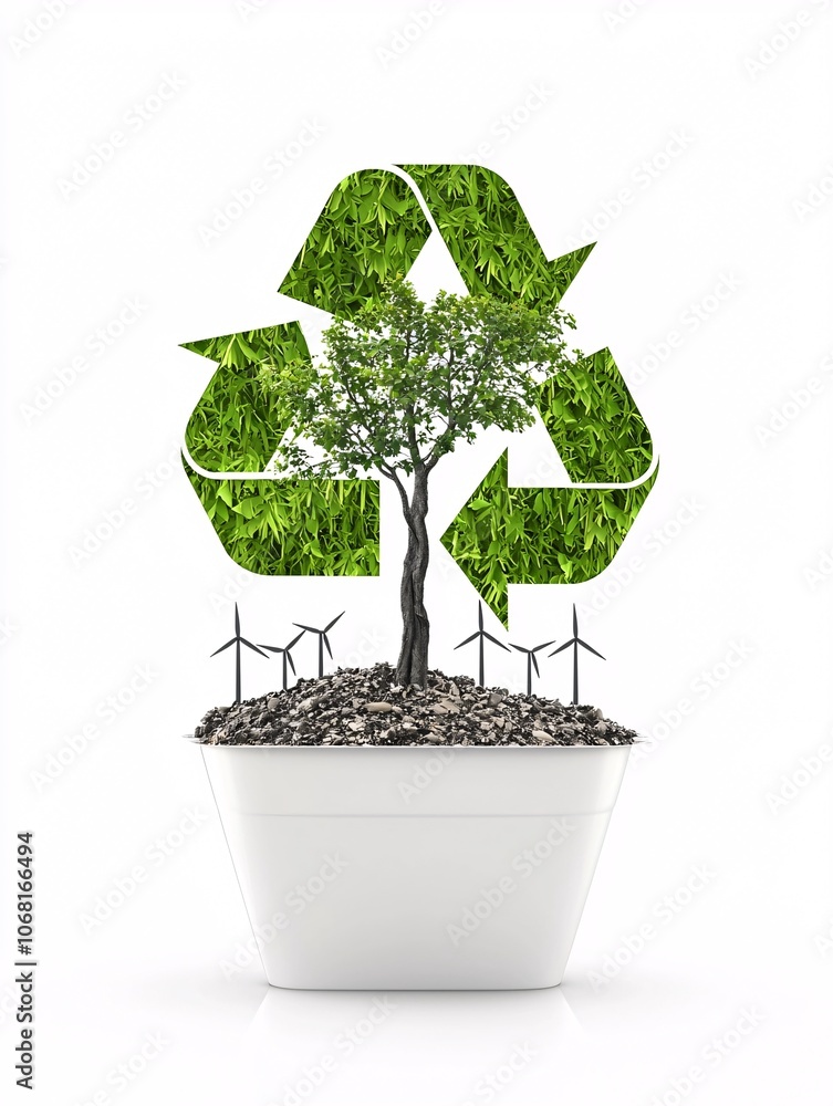 Poster a digital chart displays carbon reduction goals, with symbols for renewable energy sources like wind