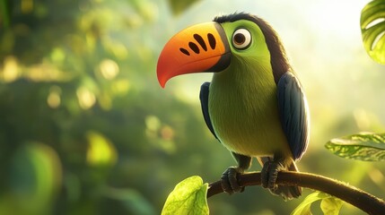 Bright Green Bird Perched on Vine in Soft Light