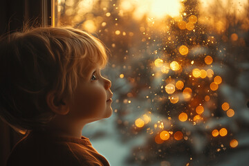 A small boy gazing out the window, watching snowflakes gently fall, capturing a serene and magical winter moment filled with wonder and tranquility.