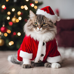 Cat in Santa costume, Christmas cat, Festive pet, Holiday pet costume, Santa outfit cat, Cute Christmas animal, Holiday season pet, Santa hat cat, Festive cat photo, Christmas pet portrait