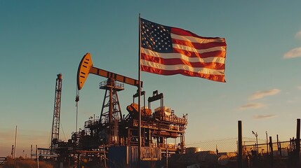 American flag waving beside an oil drilling site at sunset in the United States, showcasing energy industry activity