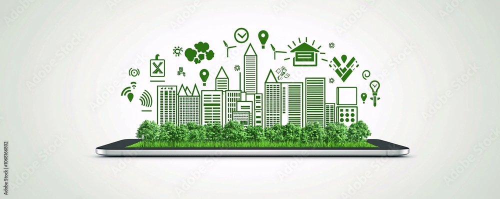 Aufkleber a digital interface on a tablet shows net zero carbon goals, with icons for energy-efficient technol