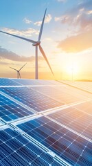 A close-up of wind turbines and solar panels generating green energy, symbolizing net zero carbon technology, with a clear sky offering copy space.