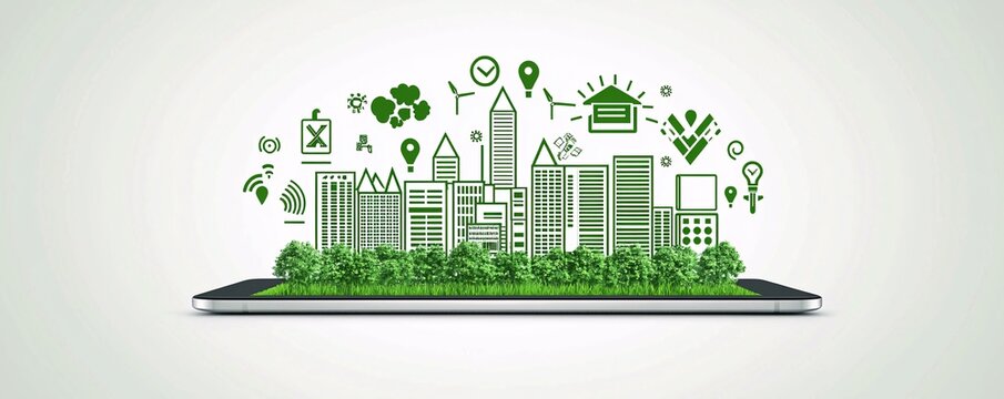 A digital interface on a tablet shows net zero carbon goals, with icons for energy-efficient technologies. The background is clean and provides abundant copy space.