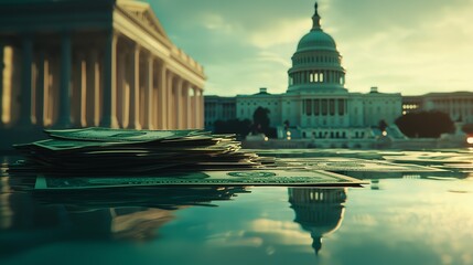 A stack of money in front of the U.S. Capitol during golden hour, reflecting the values of democracy and finance