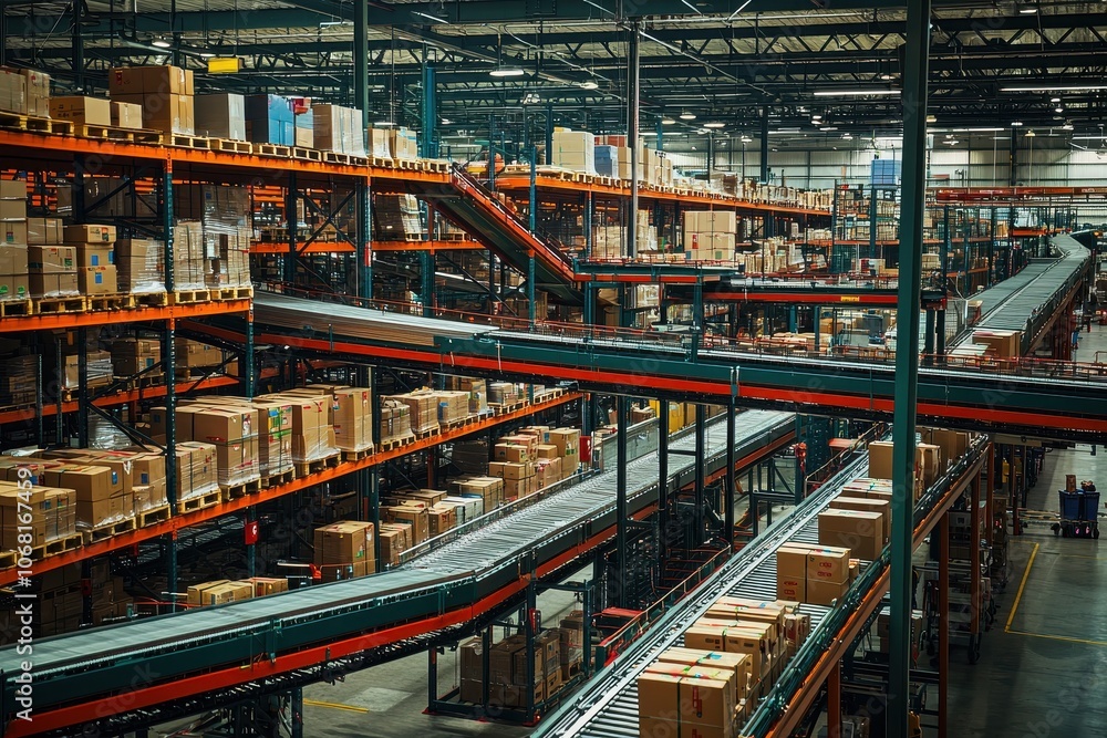 Poster a bustling warehouse filled with stacked boxes on shelves, interconnected by conveyor systems for ef