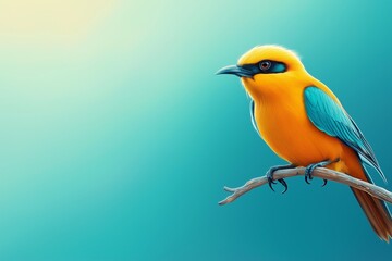 Fototapeta premium Colorful bird perched on branch vibrant blue green background