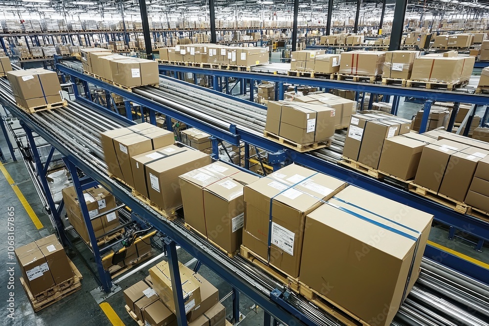 Poster a bustling warehouse filled with stacked boxes on conveyor belts, illustrating an efficient logistic