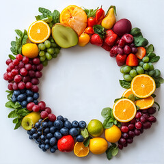A circle of fruits and vegetables including one that says healthy
