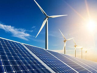 Sprawling desert covered in solar farms and wind turbines, golden sunlight illuminating the landscape, a glimpse of the future of renewable energy