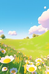 Sunny meadow landscape with daisies and fluffy white clouds