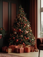 Christmas Tree Decorated Red Gold Ornaments Presents