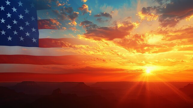 Stunning sunset over the horizon with an overlay of the American flag, symbolizing freedom and hope in the landscape