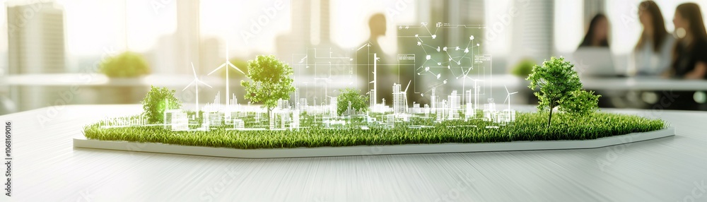 Aufkleber a diverse team in an office setting discusses a net zero carbon strategy, with digital projections o