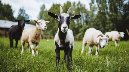 Obraz premium Playful Farm Animals in Green Pasture