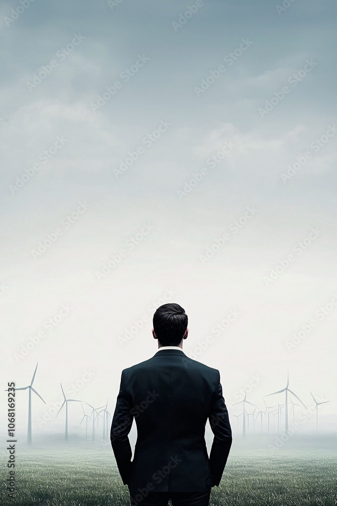 Poster a clean energy expert stands in front of a field of wind turbines, looking towards a sustainable fut