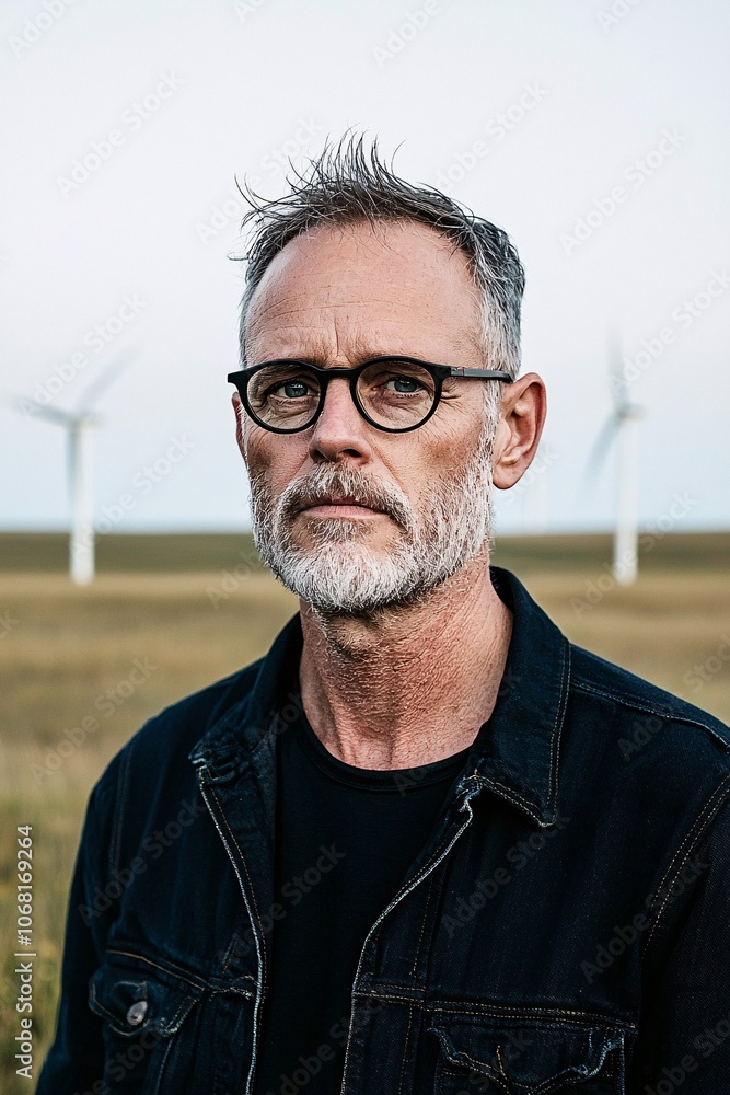 Poster a clean energy expert stands in front of a field of wind turbines, looking towards a sustainable fut