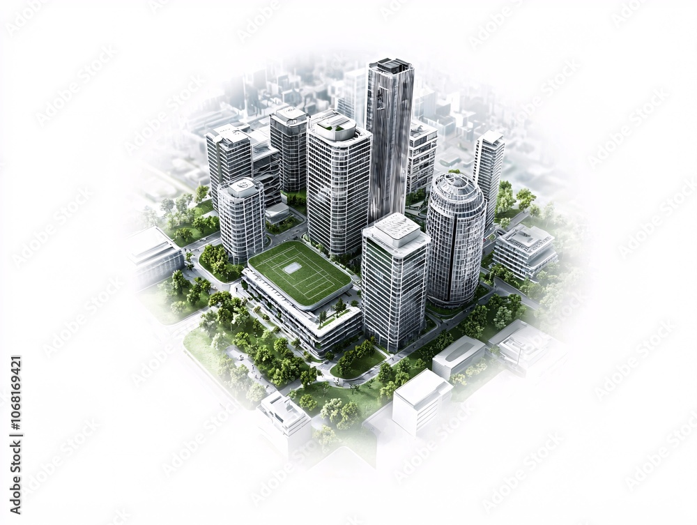 Poster a smart city illustration with carbon-neutral infrastructure and green spaces, emphasizing the shift