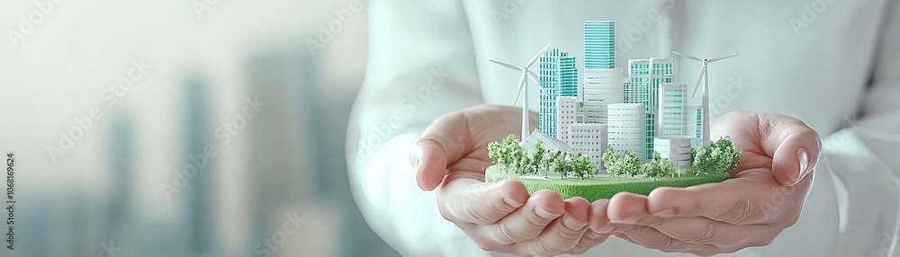Aufkleber A close-up of hands holding a small model of a green city with renewable energy symbols, representing a net zero transformation. Minimalistic backdrop for extensive copy space.
