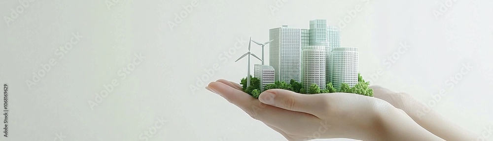 Aufkleber a close-up of hands holding a small model of a green city with renewable energy symbols, representin
