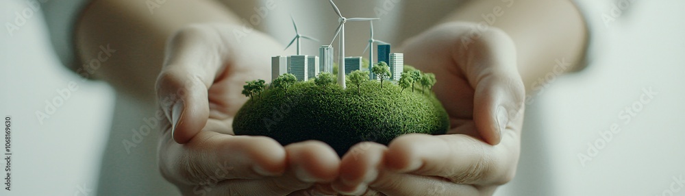 Aufkleber a close-up of hands holding a small model of a green city with renewable energy symbols, representin