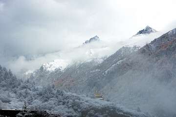 Drone aerial photography flying Landscape of Changping Valley, Siguniang National Park in western Sichuan of China.