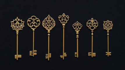 Vintage Decorative Keys Collection on Black Background
