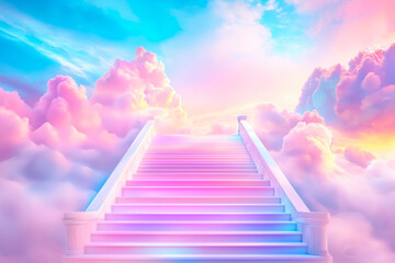 Stairway to heaven leading through pink clouds in dreamlike fantasy sky