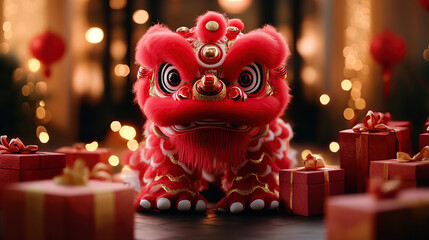 Fototapeta premium Chinese red lion dance, sitting on the ground with many gift boxes stacked together in front of it, creating a festive atmosphere for Chinese New Year