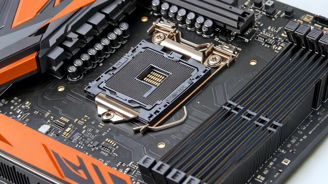 A close-up view of a computer motherboard with a processor socket in the center