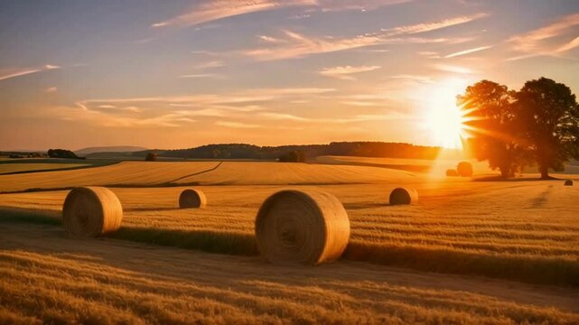 Sunset over rural farmland with hay bales, golden light casting long shadows, expansive fields with rows of crops, warm and rustic setting. Video.