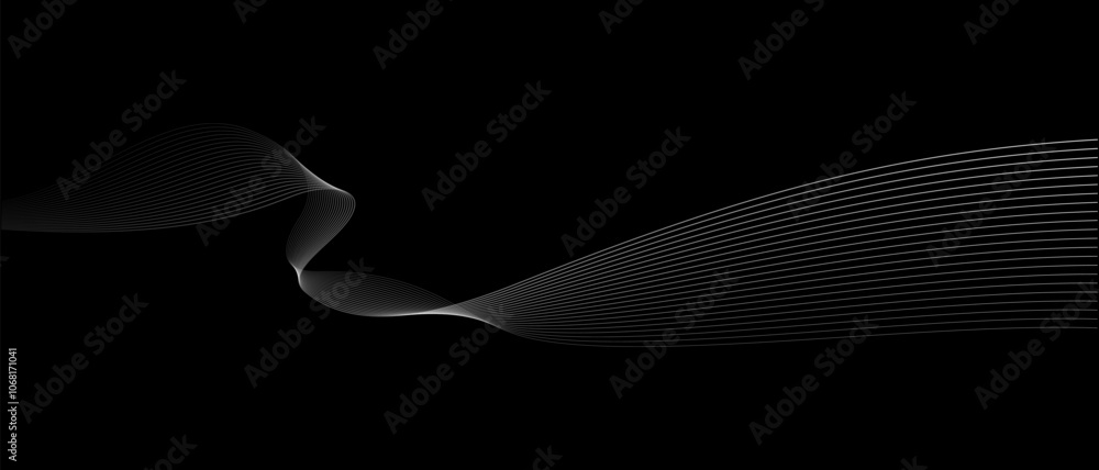 Aufkleber Abstract vector wavy lines flowing smooth curve white grey light color on black background in concept of luxury, technology, science, music, modern.