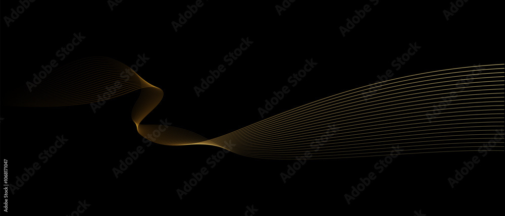 Aufkleber abstract vector wavy lines flowing smooth curve gold gradient light color on black background in con