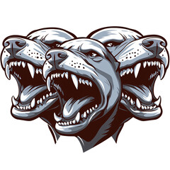 Naklejka premium Aggressive Three Headed Dog Mascot Powerful Canine Fearsome Beast Fierce Animal Head Growling (Transparent Background)