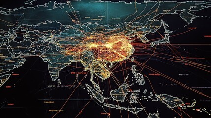 Network visualization of transportation routes across Asia showcasing interconnectivity between major cities and regions