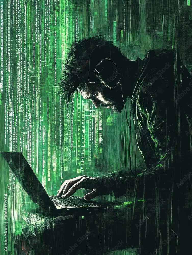 Poster developer writing html code against matrix style green background with hacker like aesthetic