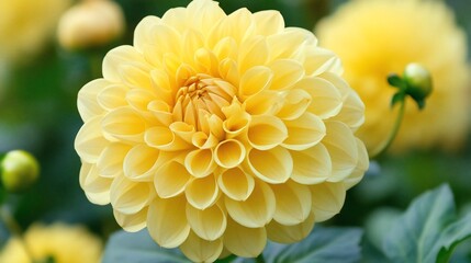 A close-up shot of a pale yellow dahlia flower in bloom, with other flowers and buds in the background.