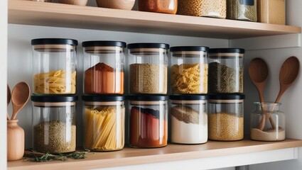 Organized Kitchen Shelf with Jars and Spices