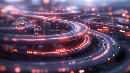 Abstract Light Trails on Futuristic Curved Pathways

