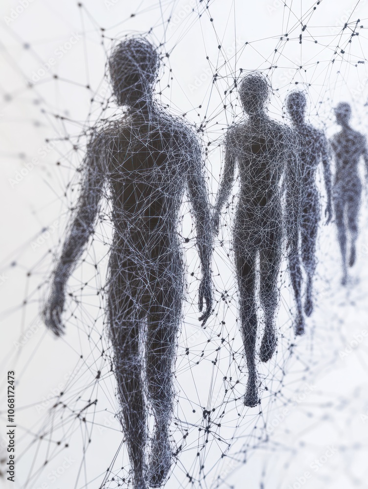 Poster digital representation of interconnected human figures in a network.