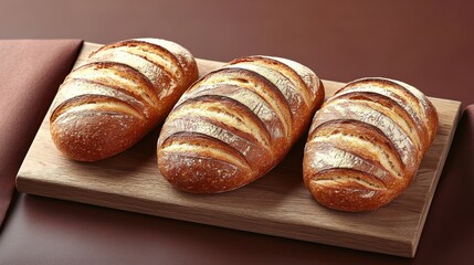 Three freshly baked loaves of bread displayed on a wooden board, showcasing their crusty texture and artisanal appearance.
