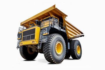 Obraz premium A very large yellow mining truck used in coal mining. Oversized heavy duty Mine dumper truck isolated on white background. This has clipping path.