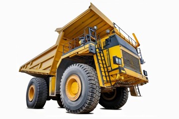 A very large yellow mining truck used in coal mining. Oversized heavy duty Mine dumper truck isolated on white background. This has clipping path.