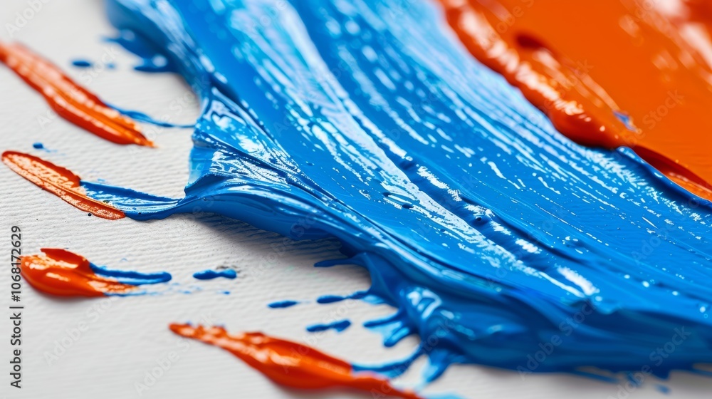 Aufkleber vivid splashes of red and orange oil paint intertwine with bold blue paint on a textured canvas, cre