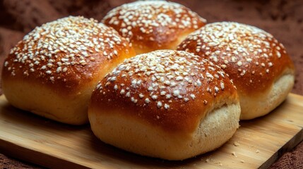 A close-up image of four freshly baked bread rolls topped with sesame seeds, arranged on a wooden board.